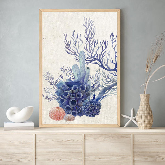 Coastal Coral Wall Art - Watercolor Sea Life Canvas Print in Blue - Ocean Reef Bathroom or Beach House Decor - Marine Botanical Artwork
