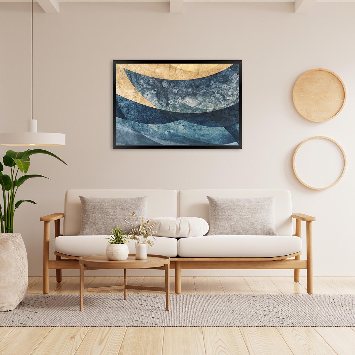 Ocean Tides Abstract Wall Art Print – Blue & Gold Modern Coastal Wave Painting – Textured Watercolor Canvas for Beach House or Bedroom Decor