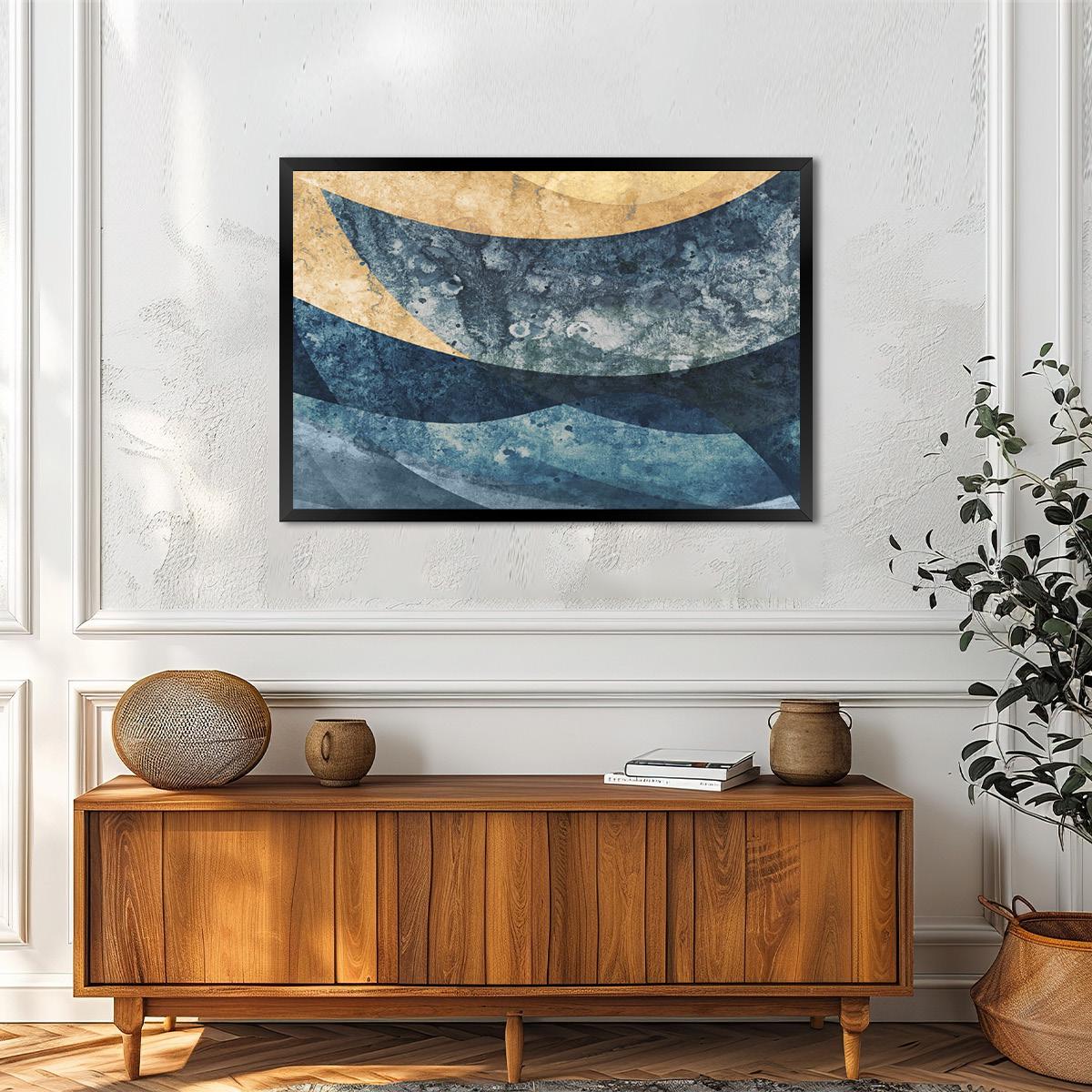 Ocean Tides Abstract Wall Art Print – Blue & Gold Modern Coastal Wave Painting – Textured Watercolor Canvas for Beach House or Bedroom Decor