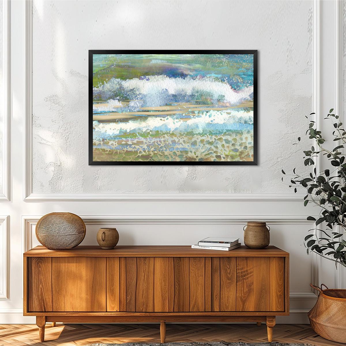 Modern Coastal Wave Painting in Blue & Green - Ocean Tides Abstract Wall Art Print – Serene Calming Canvas for Beach House or Bedroom Decor