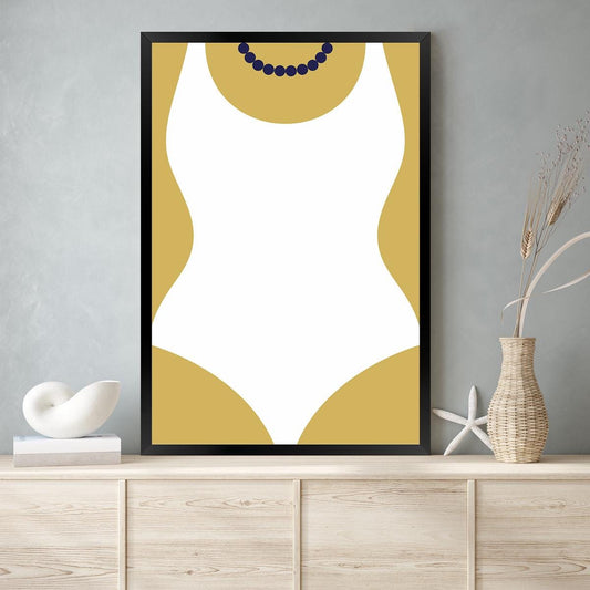 A framed canvas wall art print featuring an abstract, whimsical depiction of a swimsuit girl in white and yellow with a blue necklace, displayed above a console table.