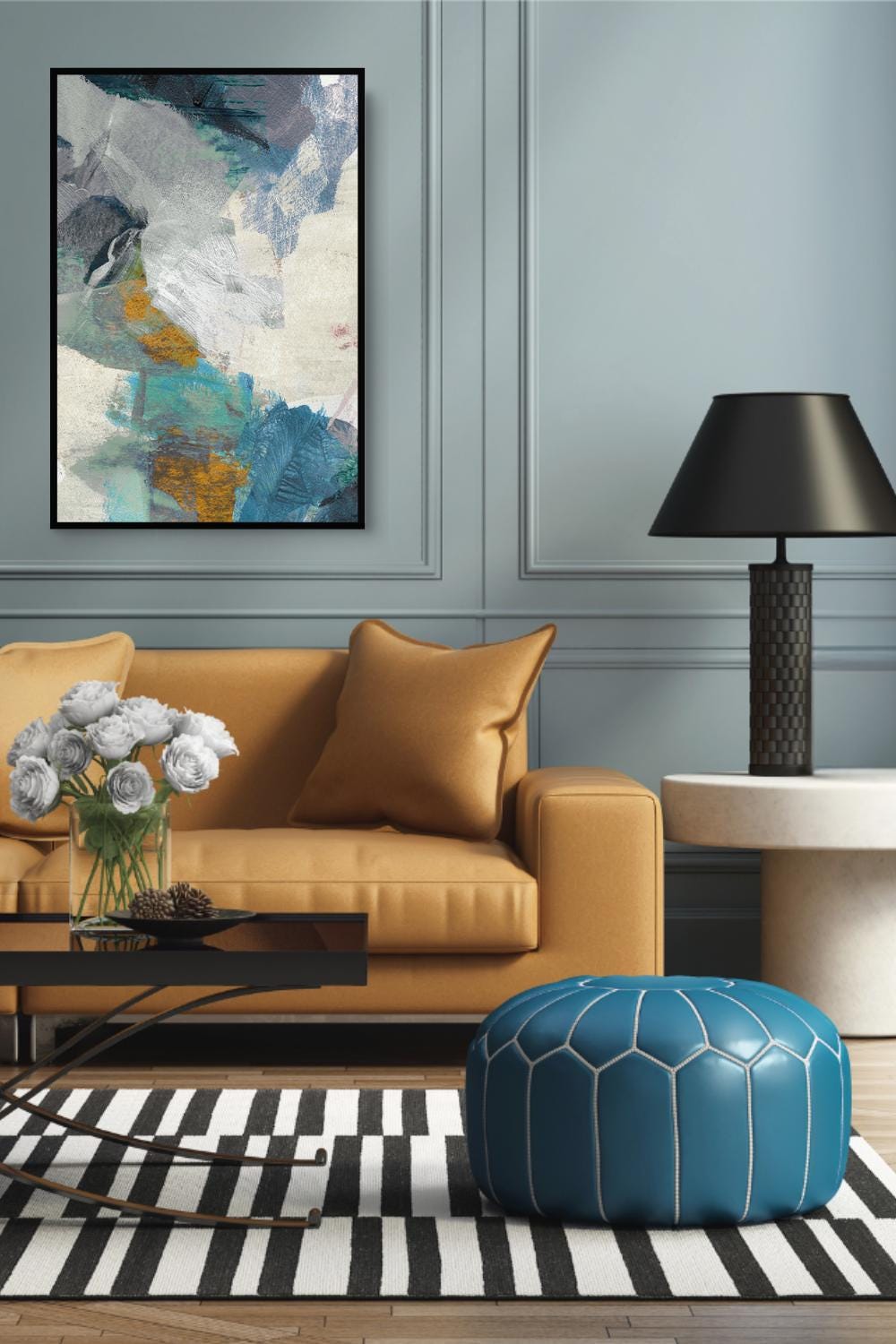 Bold Abstract Canvas Print -  Blue, Black, & Gold Brush Stroke Painting Wall Art Modern Home Livingroom or Bedroom Home Decor, Frame Options