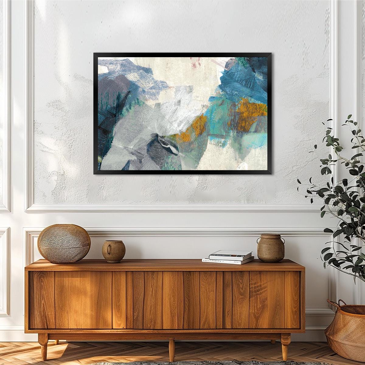 Bold Abstract Canvas Print -  Blue, Black, & Gold Brush Stroke Painting Wall Art Modern Home Livingroom or Bedroom Home Decor, Frame Options