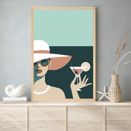 Coquette Cocktail Hour Wall Art – Retro Woman w Martini in Hat & Pearls – Glam Modern Print for Girls Night, Dressing Room or Bar Cart Decor