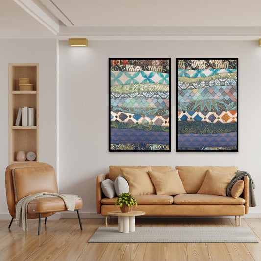 Colorful Boho Wall Art Duo - Maximalist Framed Canvas Prints Set of 2 - Torn Paper Texture Abstract Art - Modern Exotic Home Decor Accent