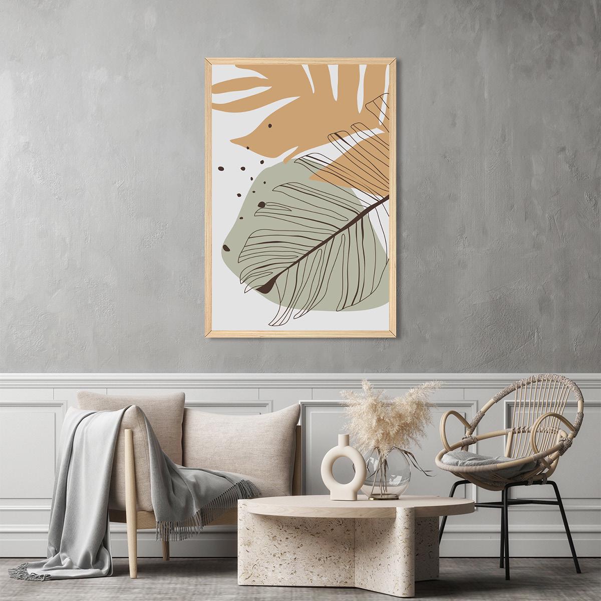 Boho Palm Leaf Wall Art - Mid-Century Line Art, Colorful Abstract Botanical Canvas Print, Modern Tropical Home Decor, Framed Options
