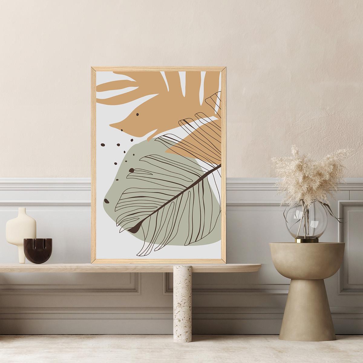 Boho Palm Leaf Wall Art - Mid-Century Line Art, Colorful Abstract Botanical Canvas Print, Modern Tropical Home Decor, Framed Options