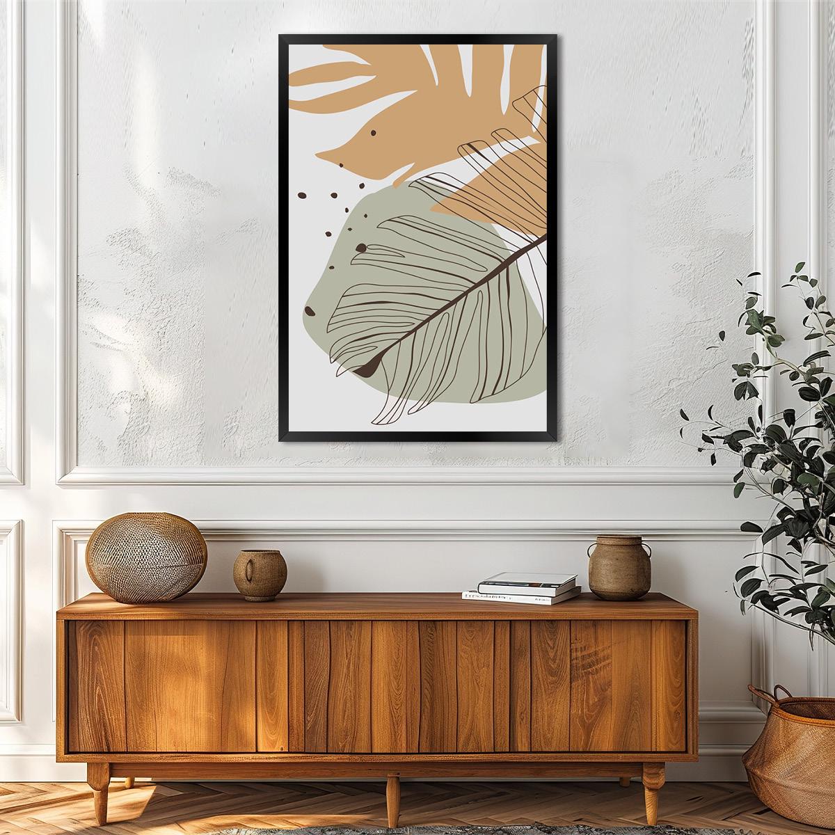 Boho Palm Leaf Wall Art - Mid-Century Line Art, Colorful Abstract Botanical Canvas Print, Modern Tropical Home Decor, Framed Options