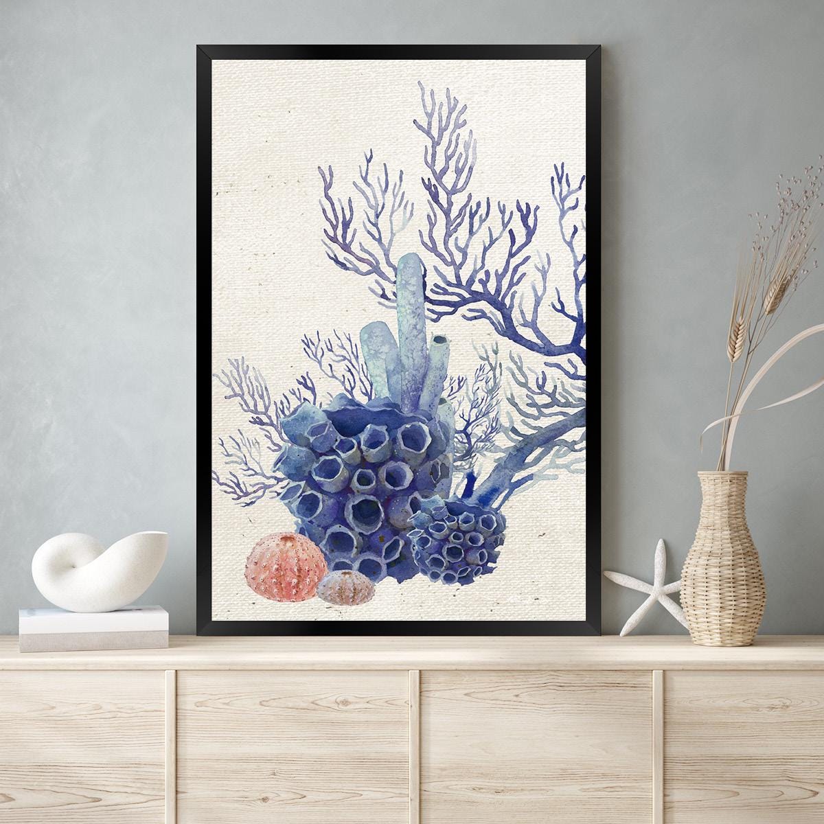 Coastal Coral Watercolor Canvas Print: Blue Ocean Reef Art