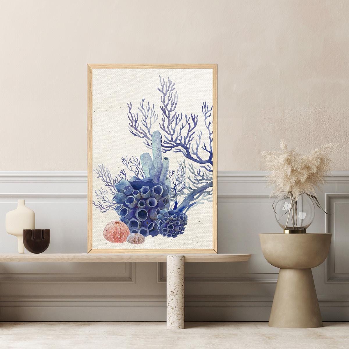 Coastal Coral Watercolor Canvas Print: Blue Ocean Reef Art