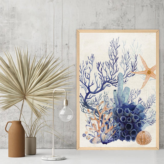 Ocean Coral Reef Art Print - Blue Coastal Watercolor Canvas Wall Decor - Sea Botanical Artwork for Beach House, Bathroom, or Nautical Theme