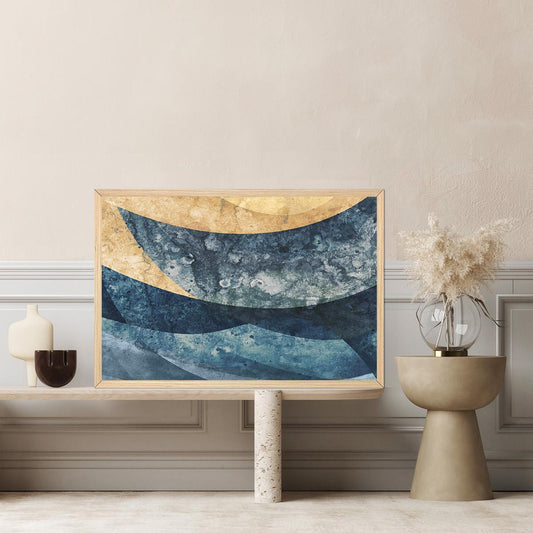 Ocean Tides Abstract Wall Art Print – Blue & Gold Modern Coastal Wave Painting – Textured Watercolor Canvas for Beach House or Bedroom Decor