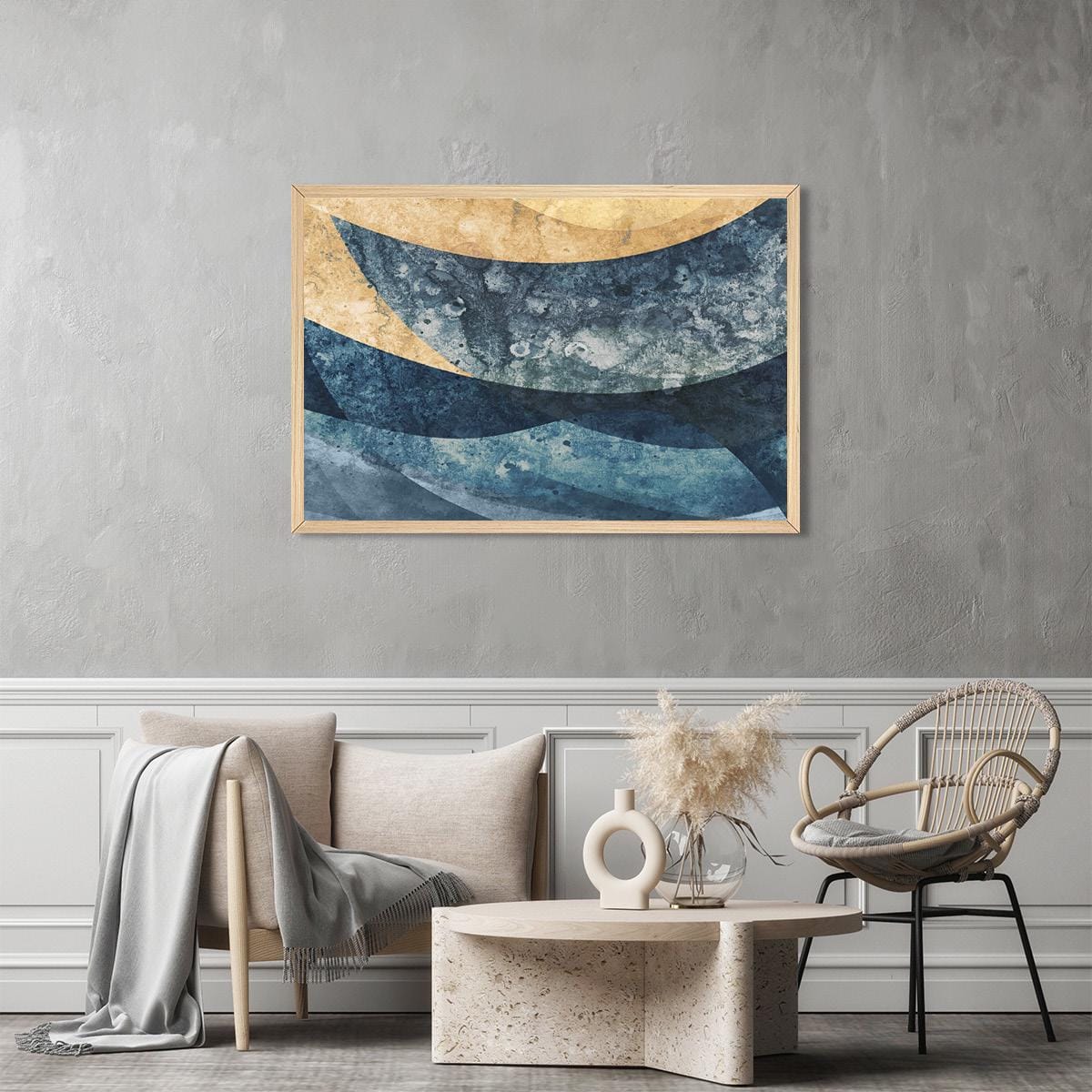 Ocean Tides Abstract Wall Art Print – Blue & Gold Modern Coastal Wave Painting – Textured Watercolor Canvas for Beach House or Bedroom Decor