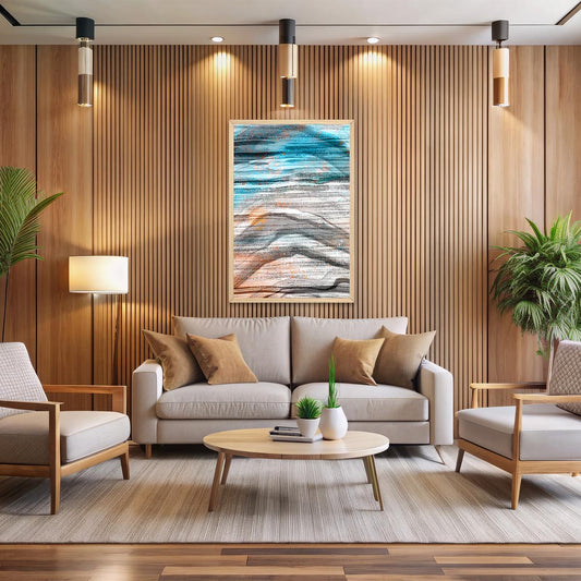 Colorful Abstract Wall Art in Aqua & Gold - Textured Waves Coastal Canvas Print - Bold Modern Home Decor for Livingroom of Office