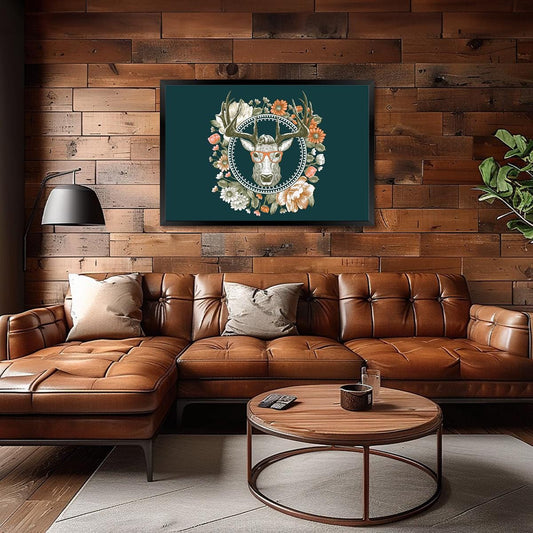 A framed canvas wall art featuring a whimsical deer with floral elements, displayed above a brown leather sofa in a room with wooden walls and a circular coffee table.