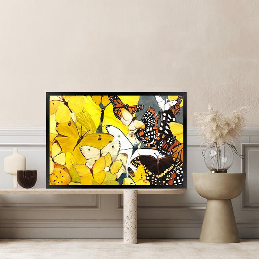 A vibrant framed wall art featuring a collage of butterflies with yellow and black colors, with options of having it framed or not.