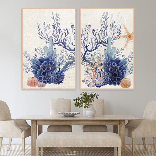 Ocean Coral Reef Pair of Framed Art Prints - Blue Coastal Watercolor Canvas Wall Decor - Sea Botanical Artwork for Beach House, Nautical