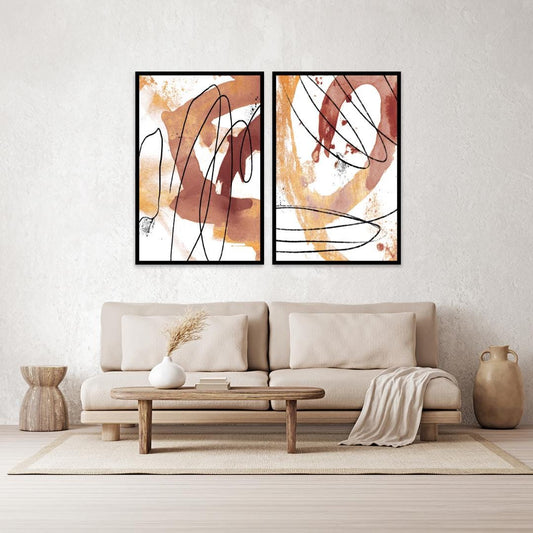Earth Tone Abstract Wall Art Pair - Gold Minimalist Framed Canvas Prints - Camel Brown Black White Home Decor -Modern Contemporary Paintings