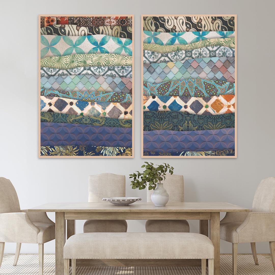Colorful Boho Wall Art Duo - Maximalist Framed Canvas Prints Set of 2 - Torn Paper Texture Abstract Art - Modern Exotic Home Decor Accent