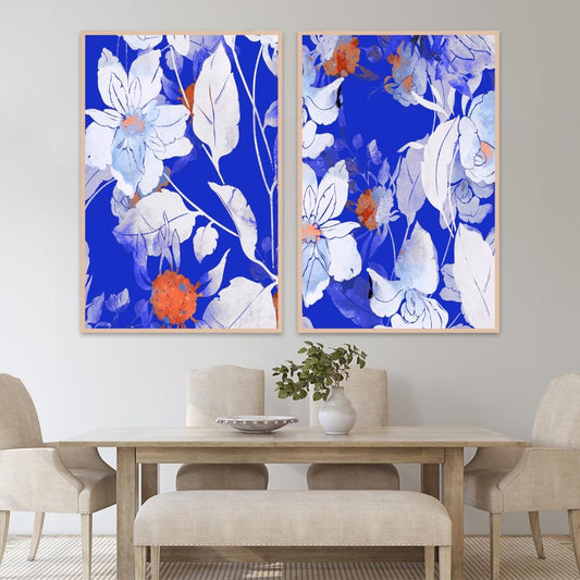 Bold Blue Floral Wall Art Set of 2 – Colorful Botanical Canvas Print Duo – Abstract Biophilic Flower Paintings – Modern Home Decor Gift