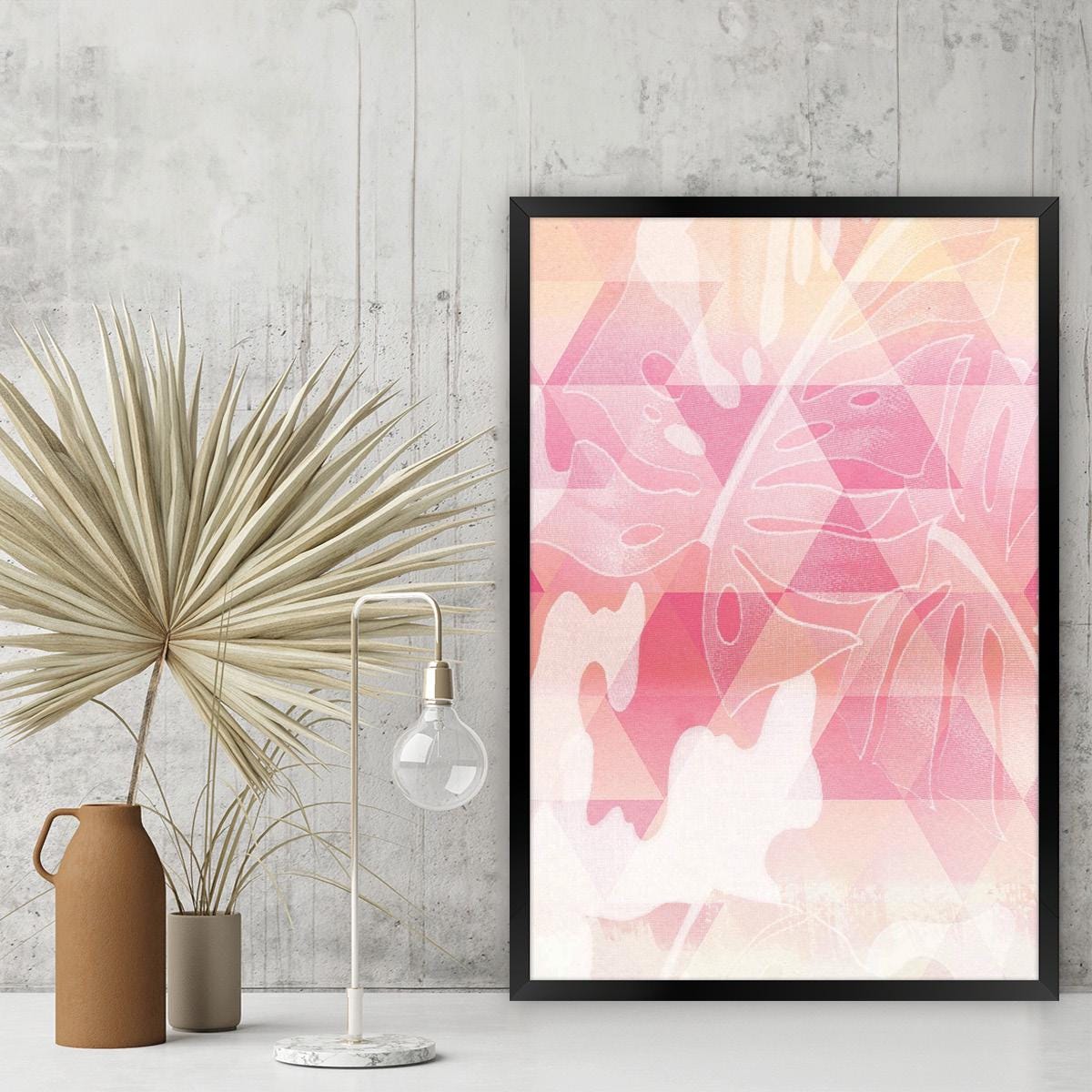 Pink Leaf Canvas Print, Colorful Geometric Wall Art, Abstract Botanical Home Decor, Framed Options Available, Modern Nature Artwork