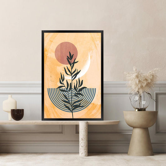 Geometric Shapes & Lines Floral Canvas Print, Boho Leaf Wall Art, Modern Botanical Home Decor for Livingroom,  Framed Options Available