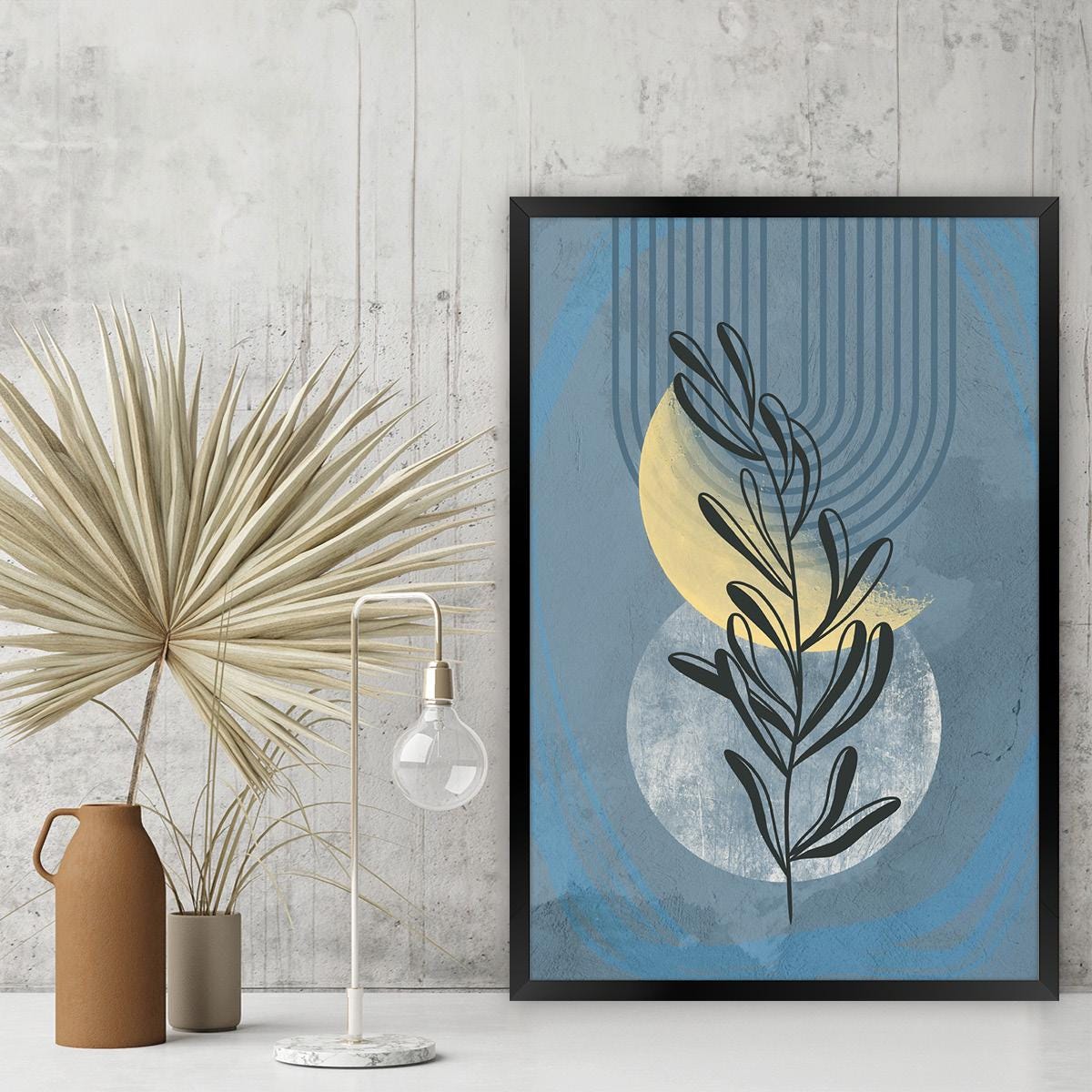 Modern Botanical Home Decor, Colorful Boho Leaf Wall Art, Geometric Shapes & Lines Floral Canvas Print, Framed Options Available
