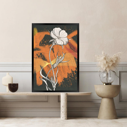 Colorful Floral Illustration Art, Vibrant Black & Orange Canvas Print, Bold Abstract Flower Wall Decor, Framed Options Available