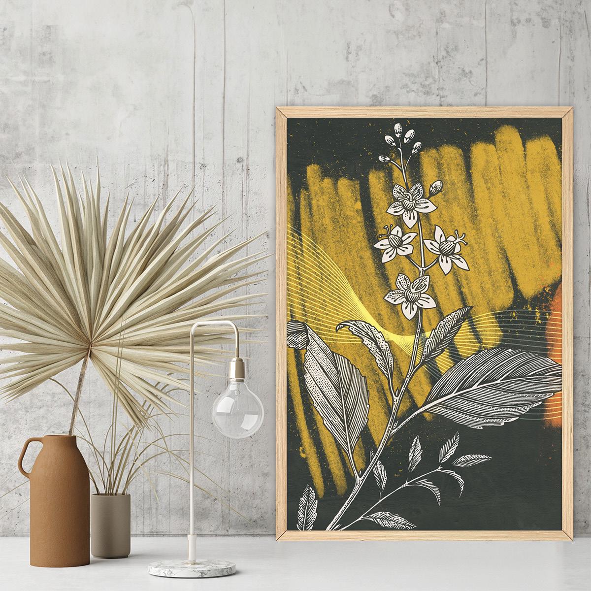 Colorful Black & Yellow Flower Illustration,Floral Art Canvas Print, Modern Botanical Wall Art, Vibrant Home Decor, Framed Options Available
