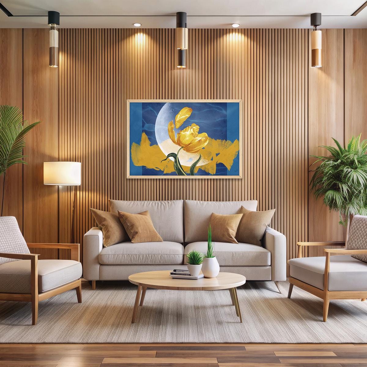 Moon Flower Canvas Print: Celestial Surreal Modern Art, Yellow & Blue Floral Decor