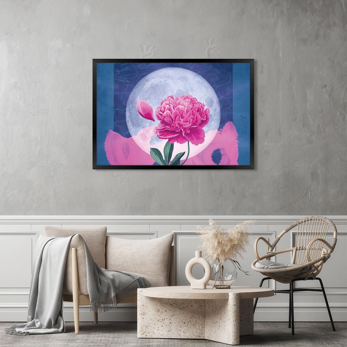 Moon Flower Canvas Print: Surreal Pink Floral Wall Art