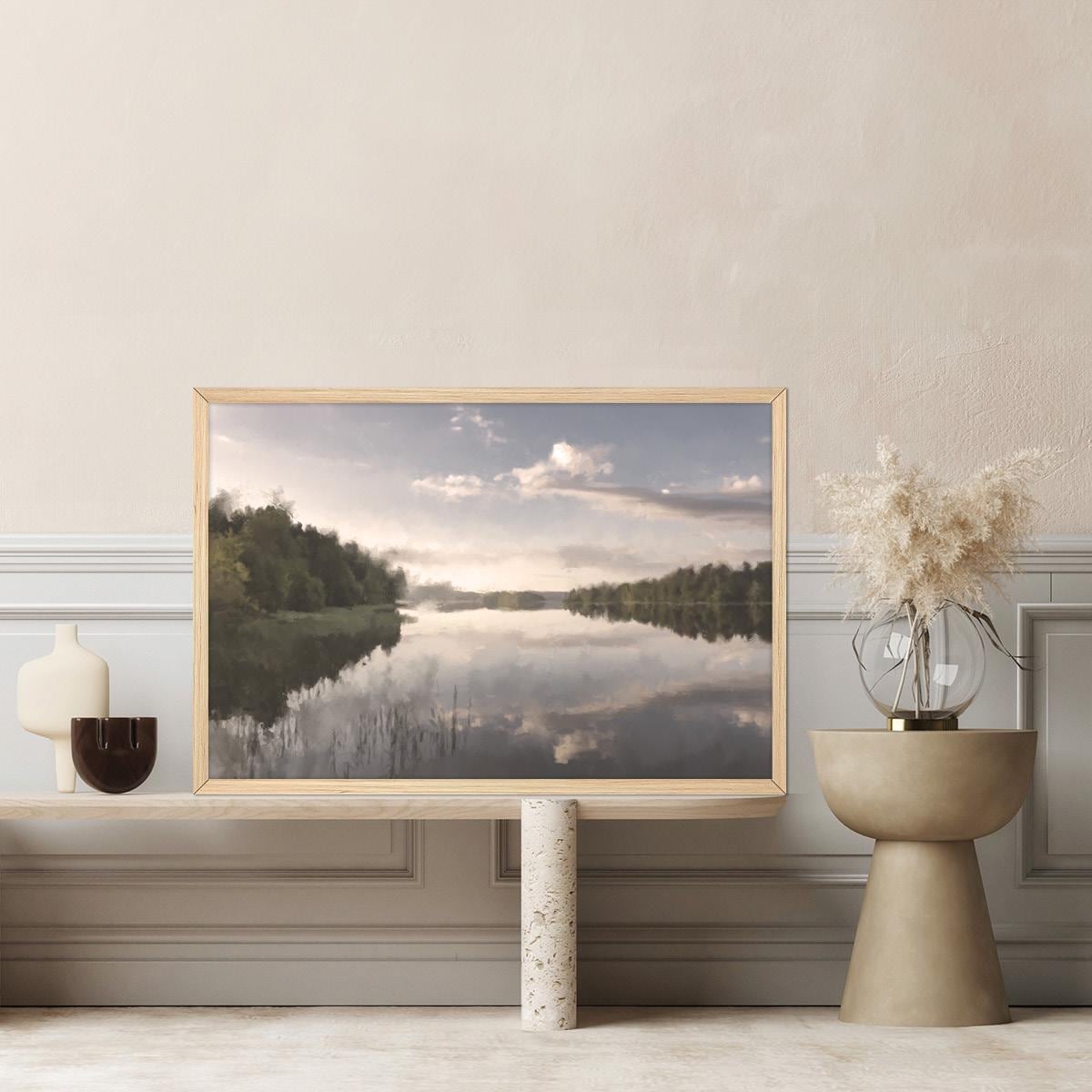 Vintage Lake Landscape Canvas Print: Nature Inspired Neutral Minimalist Wall Art