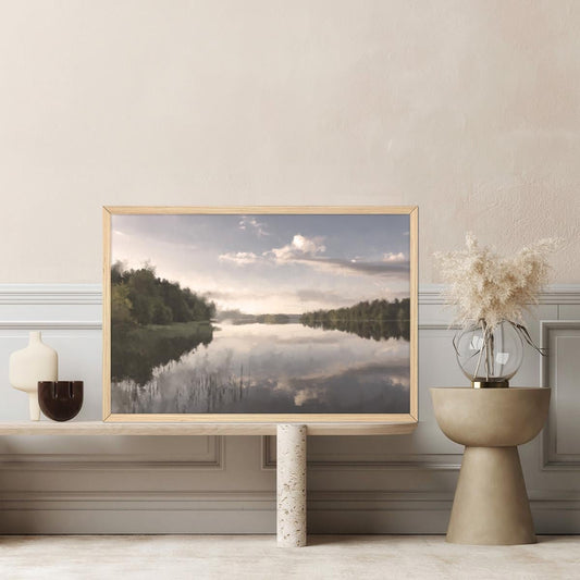 Vintage Lake Landscape Canvas Print: Nature Inspired Neutral Minimalist Wall Art
