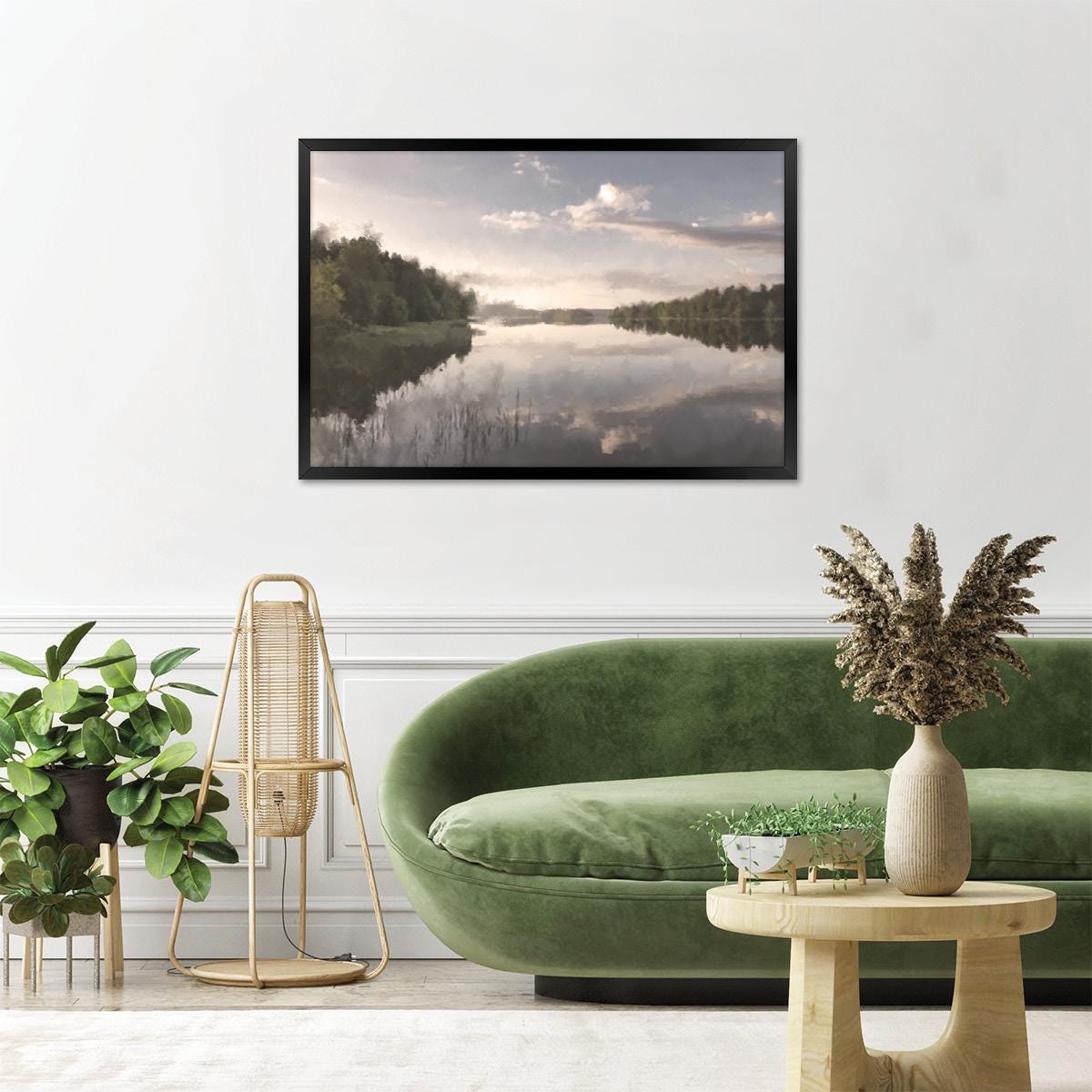 Vintage Lake Landscape Canvas Print: Nature Inspired Neutral Minimalist Wall Art
