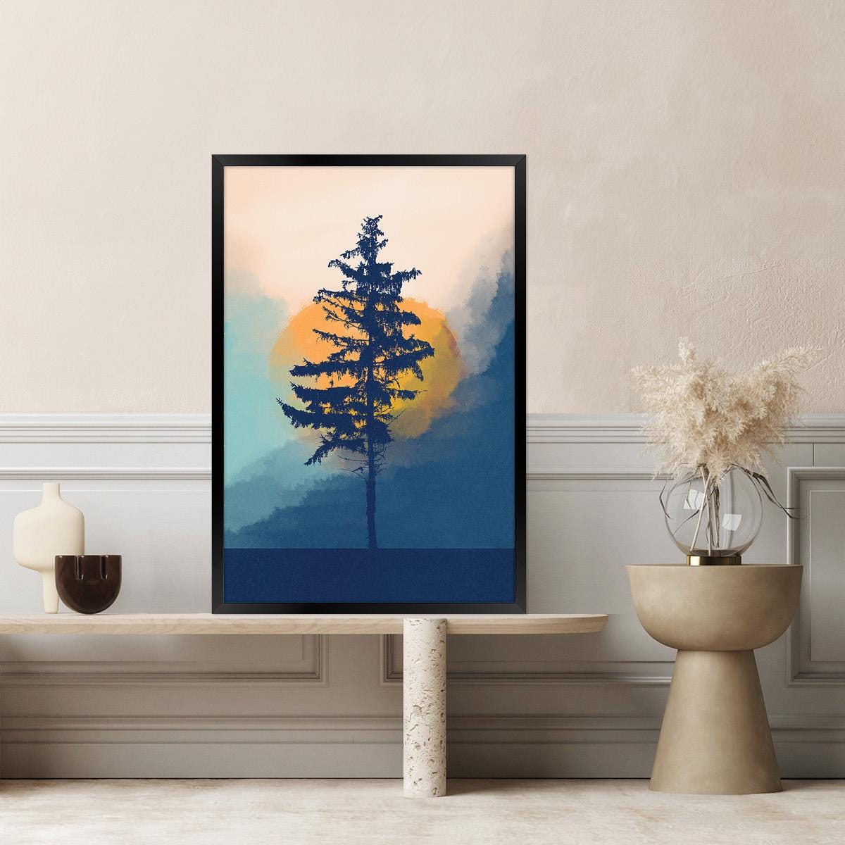 Blue Moon, Mountain, and Tree Silhouette Canvas Print: Abstract Boho Landscape Wall Art