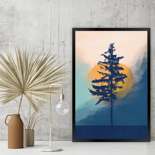 Blue Moon, Mountain, and Tree Silhouette Canvas Print: Abstract Boho Landscape Wall Art