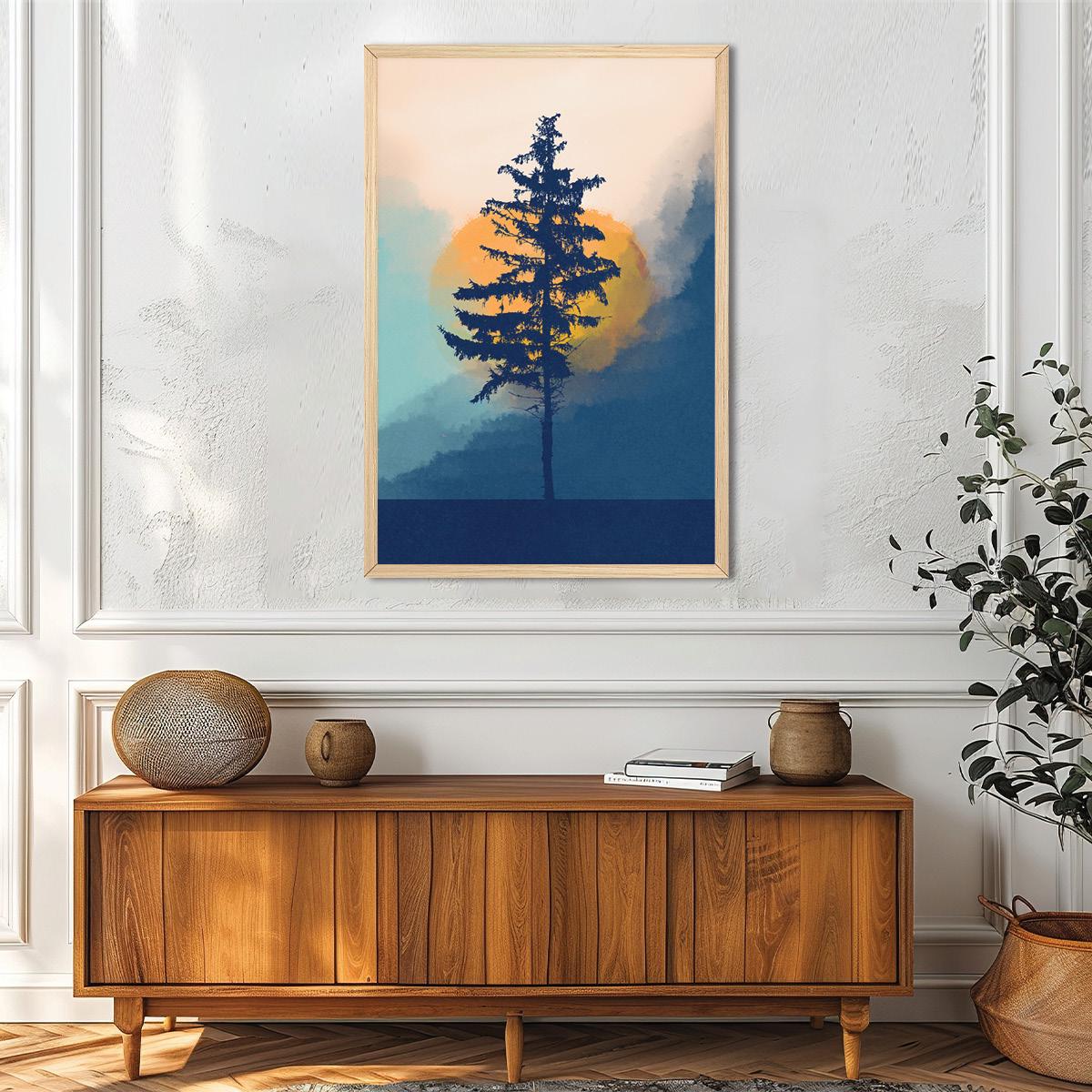 Blue Moon, Mountain, and Tree Silhouette Canvas Print: Abstract Boho Landscape Wall Art