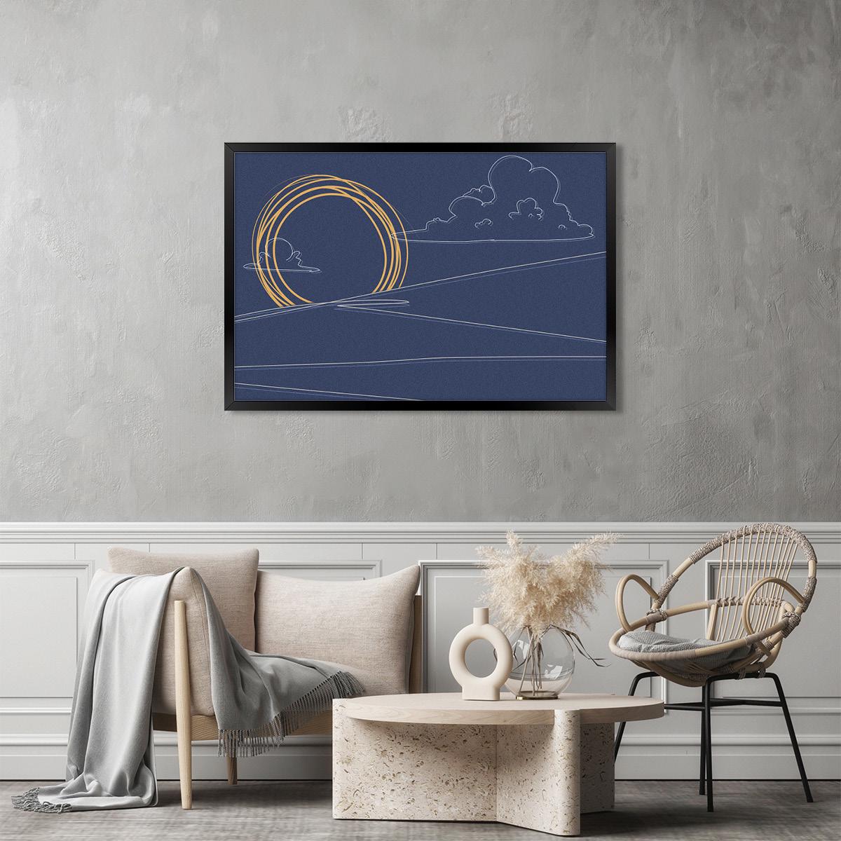 Blue Abstract Sketched Landscape Canvas Boho Print Wall Art