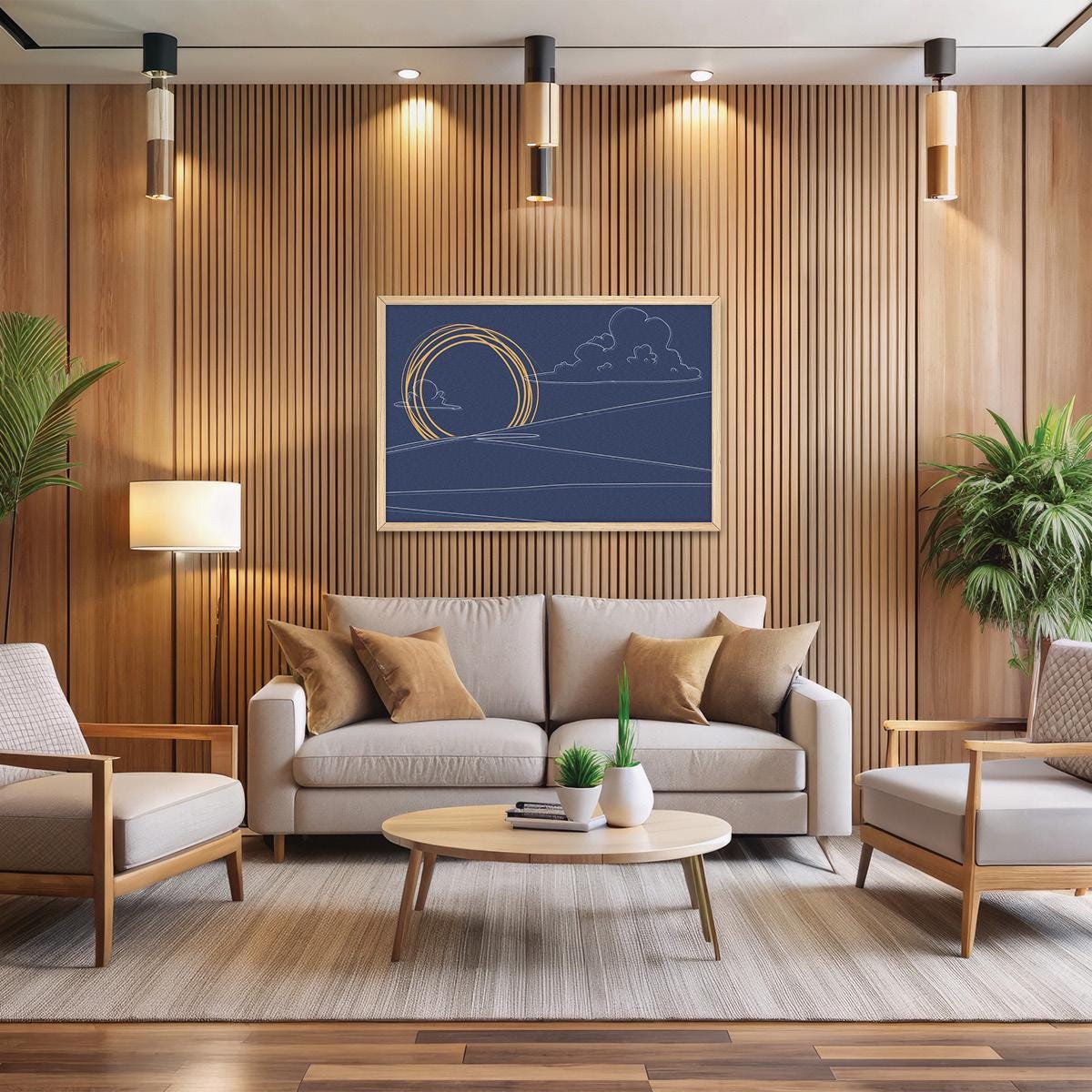 Blue Abstract Sketched Landscape Canvas Boho Print Wall Art