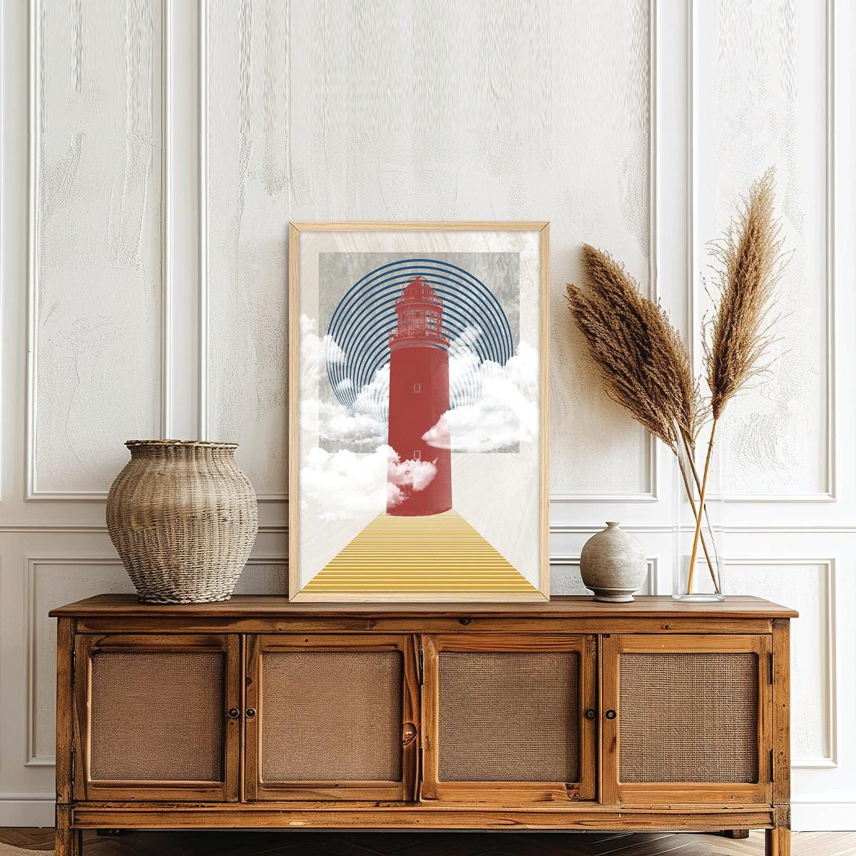 Lighthouse Coastal Geometric Modern Canvas Print Wall Art, Framed Options Available