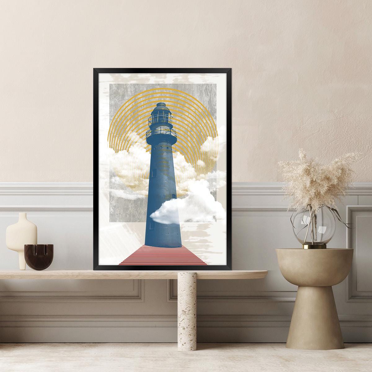 Modern Lighthouse Coastal Geometric Canvas Print Wall Art, Framed Options Available