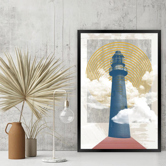 Modern Lighthouse Coastal Geometric Canvas Print Wall Art, Framed Options Available