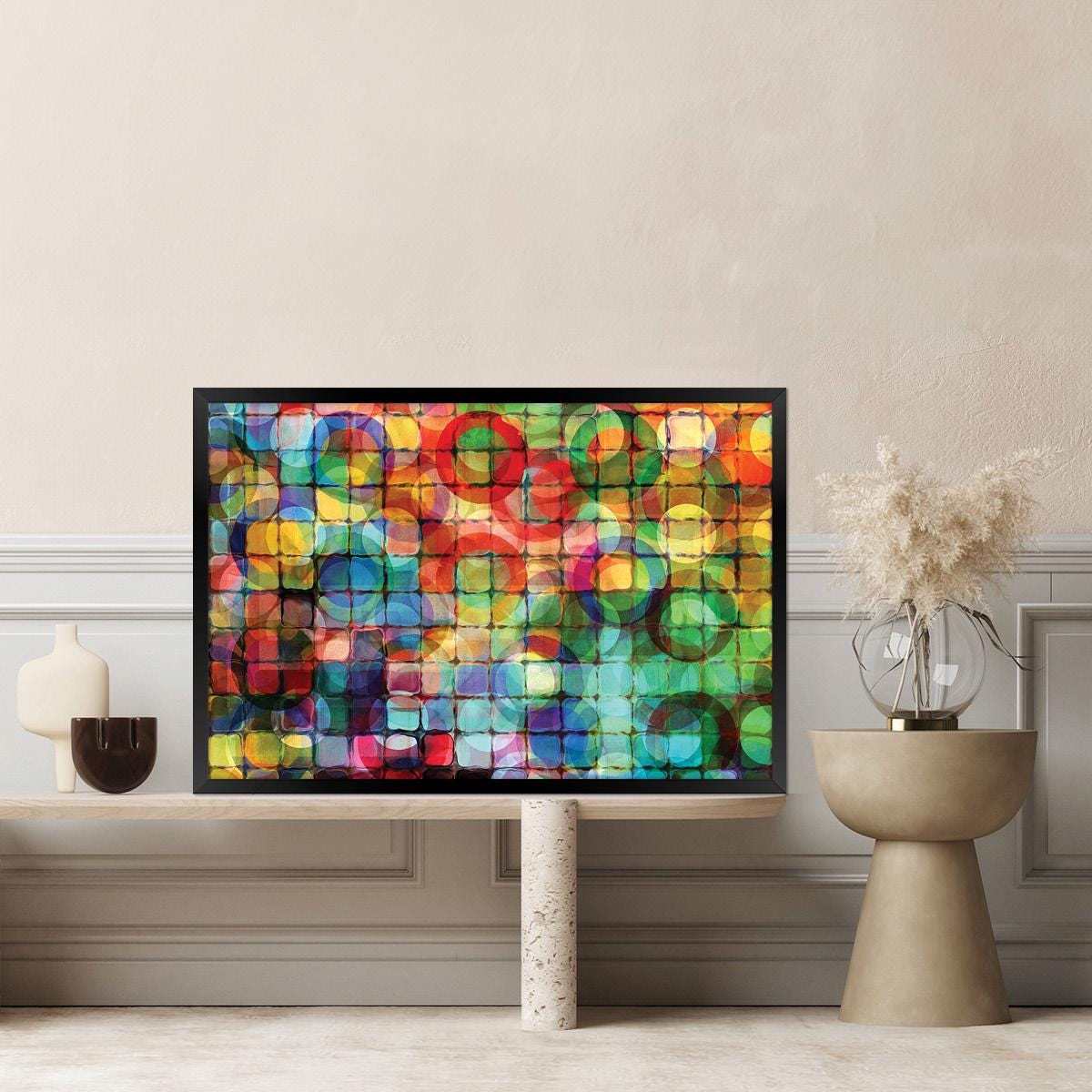 Colorful Cicles & Squares Abstract Canvas Print, Bold Statement Modern Wall Art, Framed Options Available