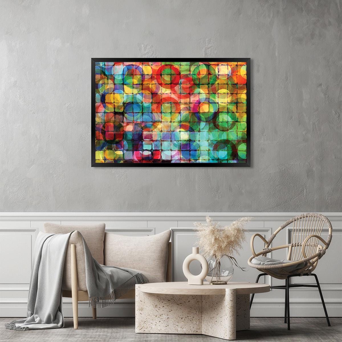 Colorful Cicles & Squares Abstract Canvas Print, Bold Statement Modern Wall Art, Framed Options Available