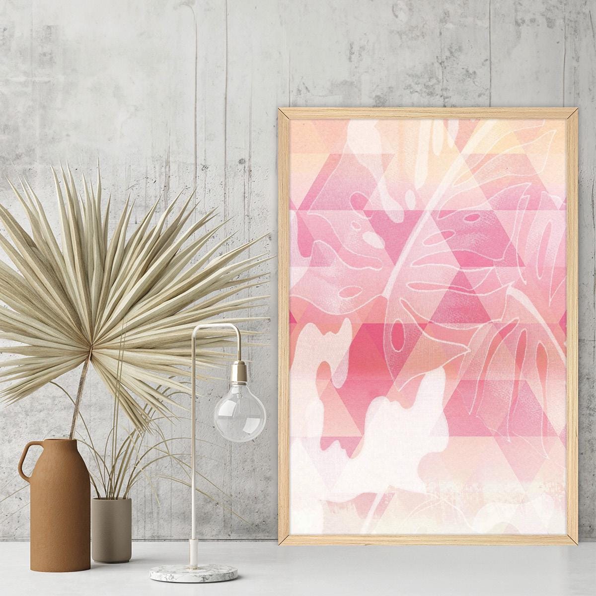 Pink Leaf Canvas Print, Colorful Geometric Wall Art, Abstract Botanical Home Decor, Framed Options Available, Modern Nature Artwork