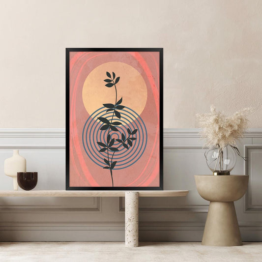 Colorful Boho Leaf Wall Art, Geometric Shapes & Lines Floral Canvas Print, Modern Botanical Home Decor,  Framed Options Available
