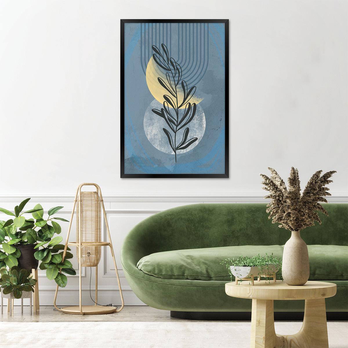 Modern Botanical Home Decor, Colorful Boho Leaf Wall Art, Geometric Shapes & Lines Floral Canvas Print, Framed Options Available
