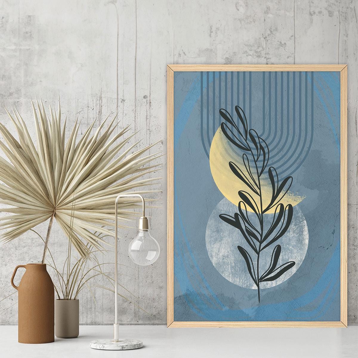 Modern Botanical Home Decor, Colorful Boho Leaf Wall Art, Geometric Shapes & Lines Floral Canvas Print, Framed Options Available