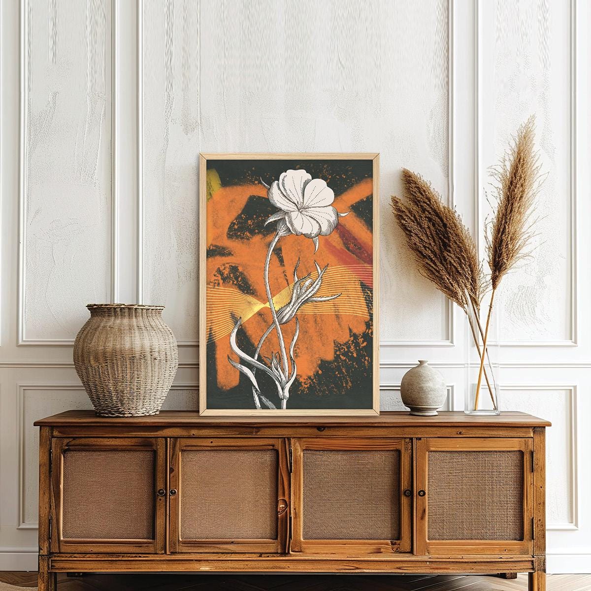 Colorful Floral Illustration Art, Vibrant Black & Orange Canvas Print, Bold Abstract Flower Wall Decor, Framed Options Available