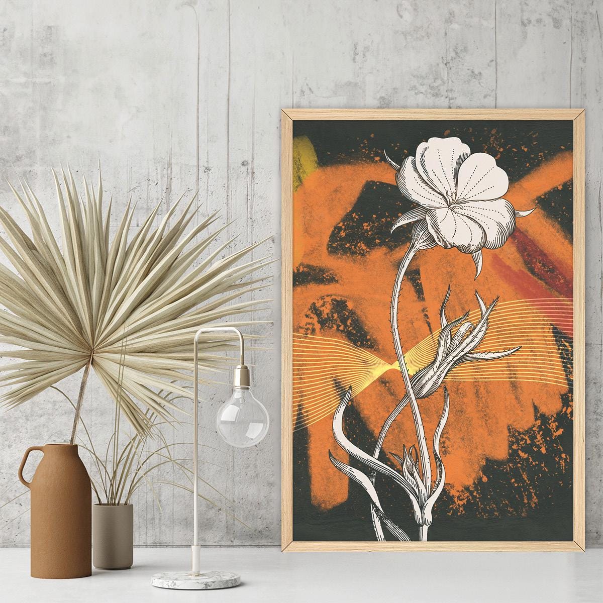 Colorful Floral Illustration Art, Vibrant Black & Orange Canvas Print, Bold Abstract Flower Wall Decor, Framed Options Available